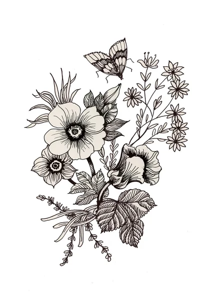 Hand drawn garden flowers — Stock Photo, Image