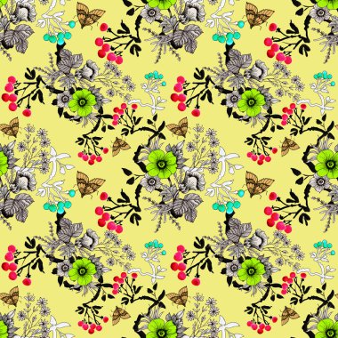 Çiçek açan çiçekler ve kelebekler