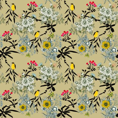 Kuşlar üzerinde twigs seamless modeli