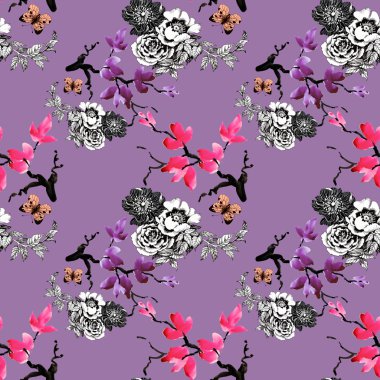 Çiçek açan çiçekler ve kelebekler