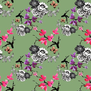 Çiçek açan çiçekler ve kelebekler