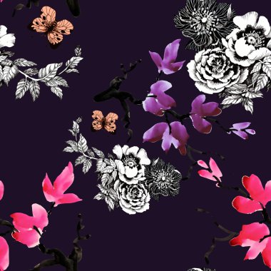 Çiçek açan çiçekler ve kelebekler