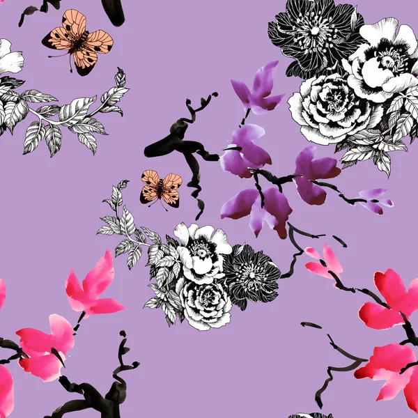 Flores floridas e borboletas — Fotografia de Stock