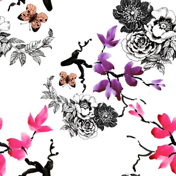Bloeiende bloemen en vlinders — Stockfoto