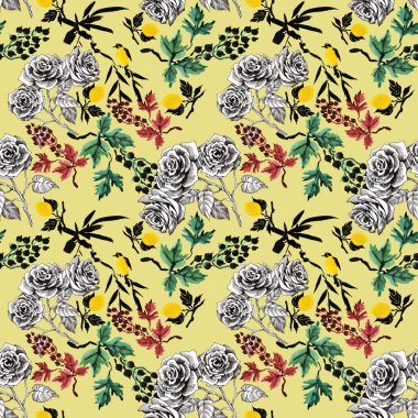 Gül çiçek ve limon desen