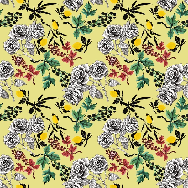 Ροδαλό σχέδιο λουλούδια και τα λεμόνια — Φωτογραφία Αρχείου