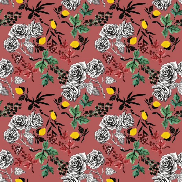 Rose flowers and lemons pattern — Stock Photo, Image