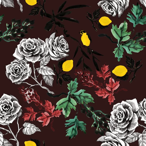 Rosa flores e limões padrão — Fotografia de Stock