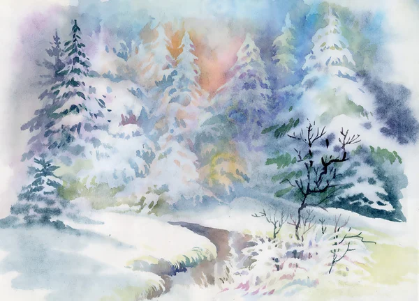 Watercolor winter landscape — Stock Photo, Image