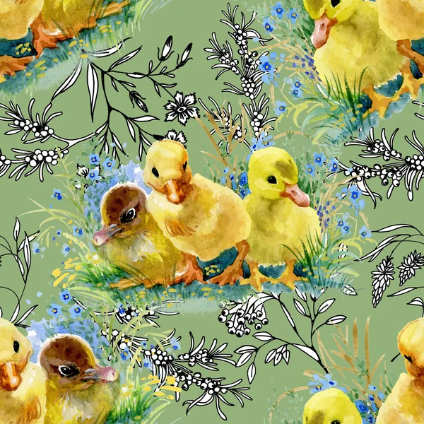 Cute watercolor ducklings — Stock Photo, Image