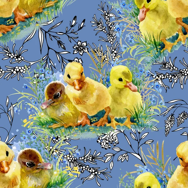 Cute watercolor ducklings — Stock Photo, Image