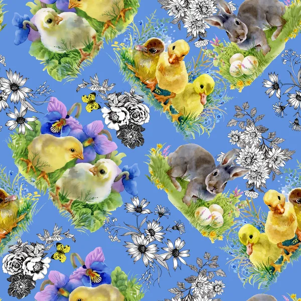 Watercolor ducklings, chickens and hares — Stock Photo, Image