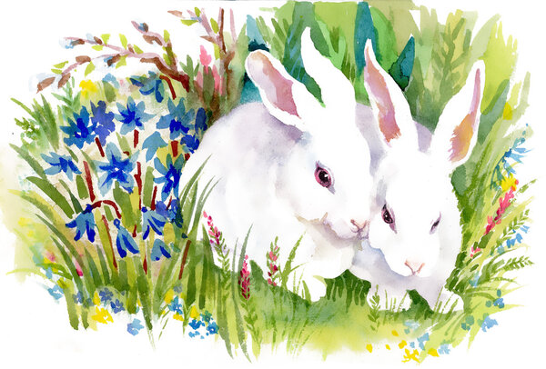 Watercolor rabbits in grass