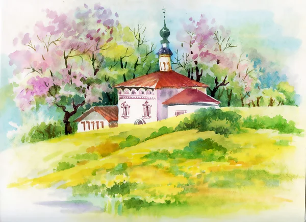 Деревенский пейзаж с церковью — стоковое фото