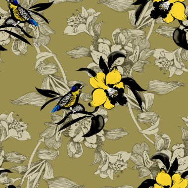 Kuşlar ile renkli Bahçe çiçek