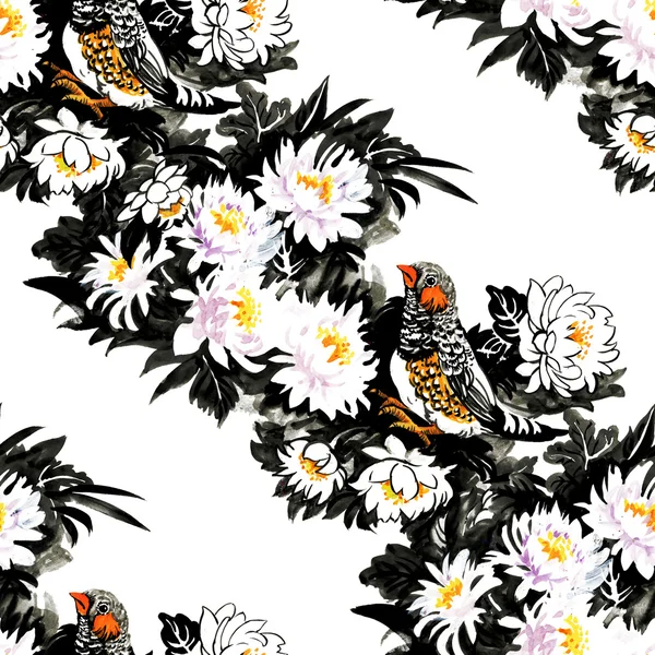 Färgglada trädgård blommor med fåglar — Stockfoto