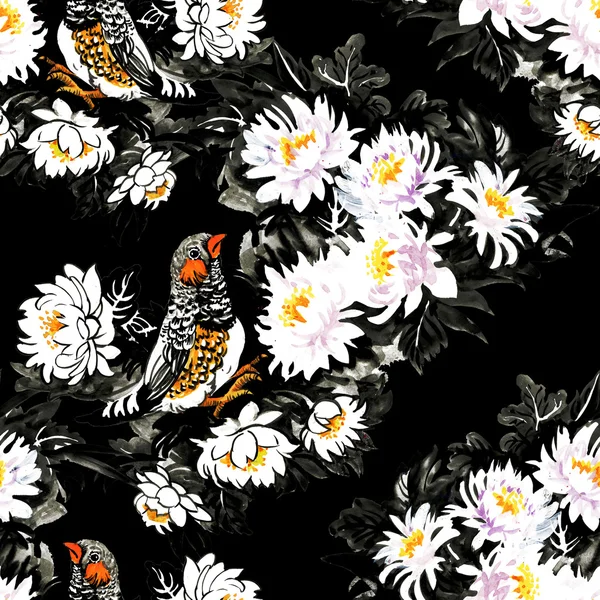 鳥とカラフルな庭の花 — ストック写真