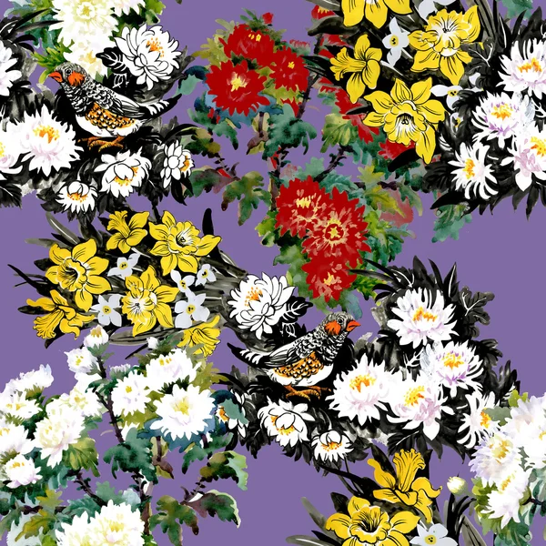 七彩花园花朵与鸟 — 图库照片