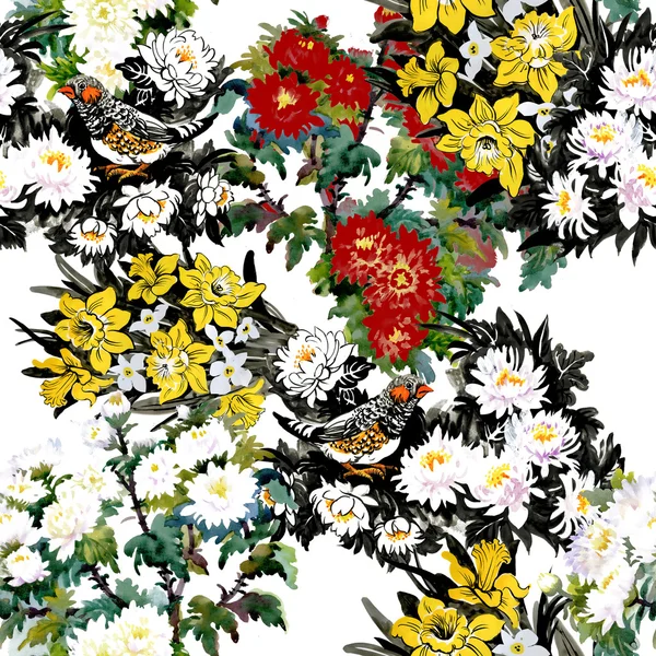 Kleurrijke tuin bloemen met vogels — Stockfoto
