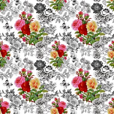 Renkli gül ve kelebekler desen