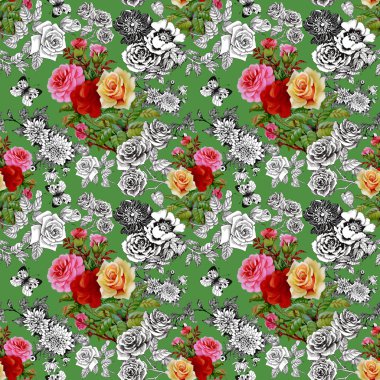 Renkli gül ve kelebekler desen