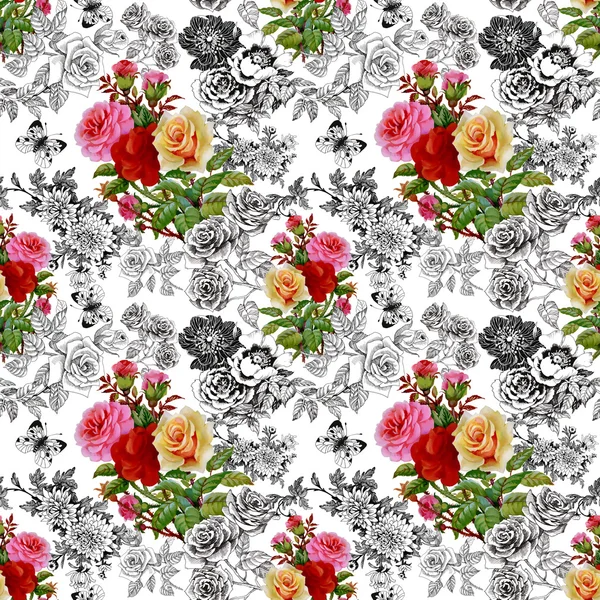 Färgglada rosor och fjärilar mönster — Stockfoto