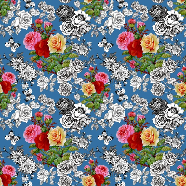 Kleurrijke rozen en vlinders patroon — Stockfoto