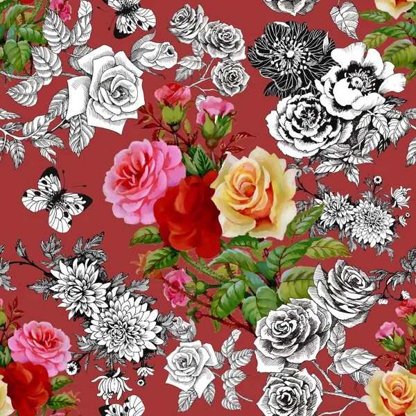 Colorful roses and butterflies pattern — Stock Photo, Image