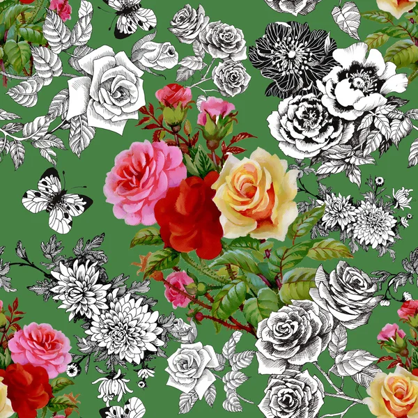 Padrão de rosas coloridas e borboletas — Fotografia de Stock