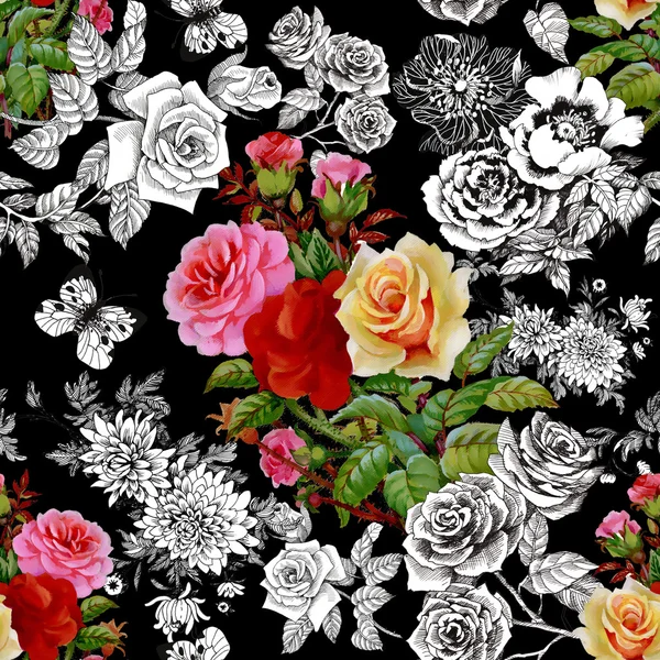 Padrão de rosas coloridas e borboletas — Fotografia de Stock
