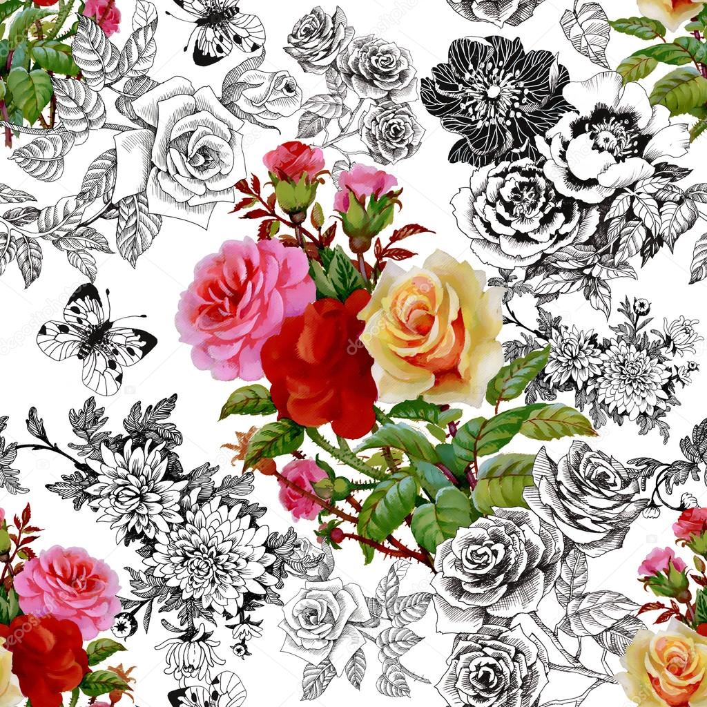 Colorful roses and butterflies pattern