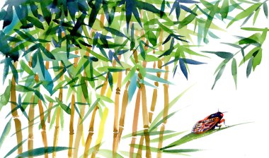 Watercolor bamboo with bug clipart