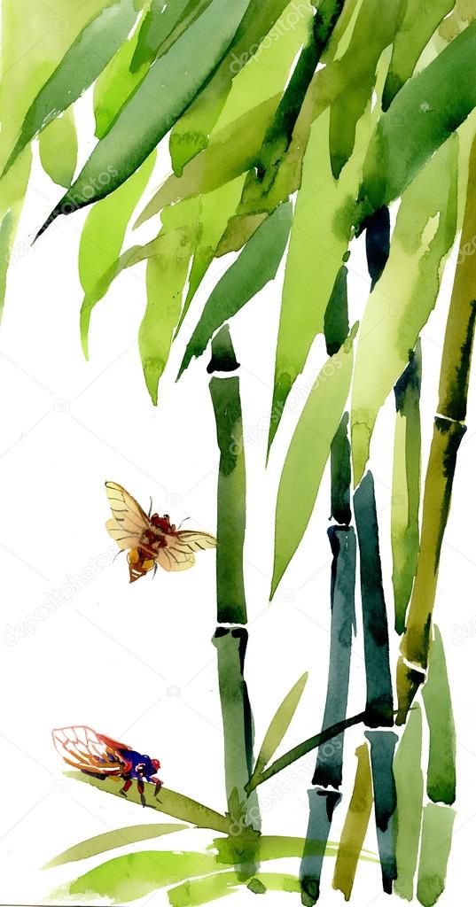Watercolor bamboo with bugs