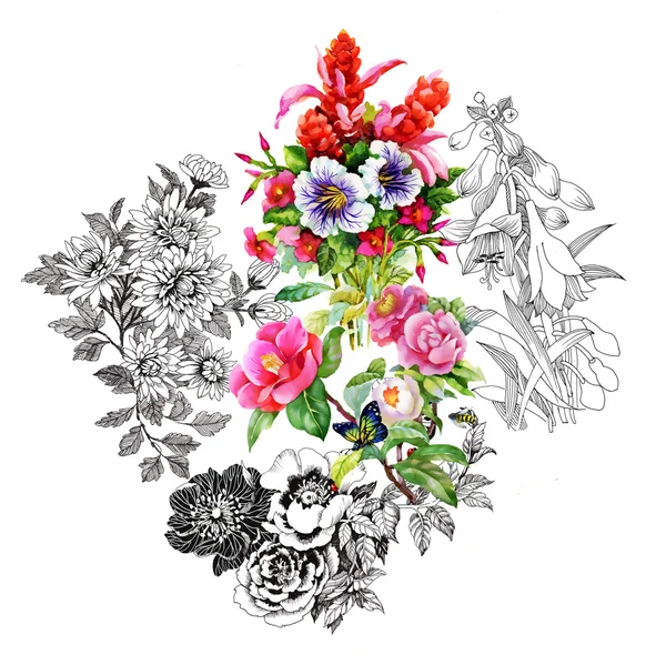 Acquerello giardino fiori bouquet — Foto Stock
