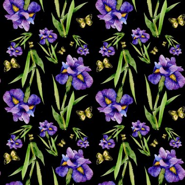 Mavi iris çiçeklerle kelebekler