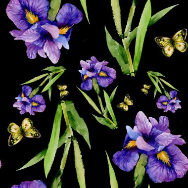 Mavi iris çiçeklerle kelebekler