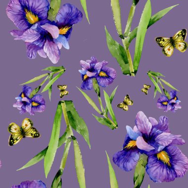 Mavi iris çiçeklerle kelebekler