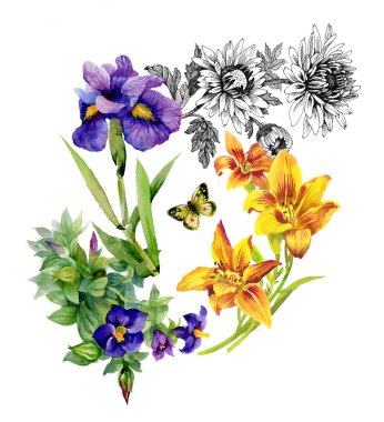 Mavi iris çiçeklerle kelebekler