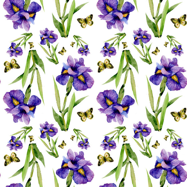 Blue iris flowers with butterflies