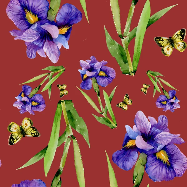 Blauwe iris bloemen met vlinders — Stockfoto