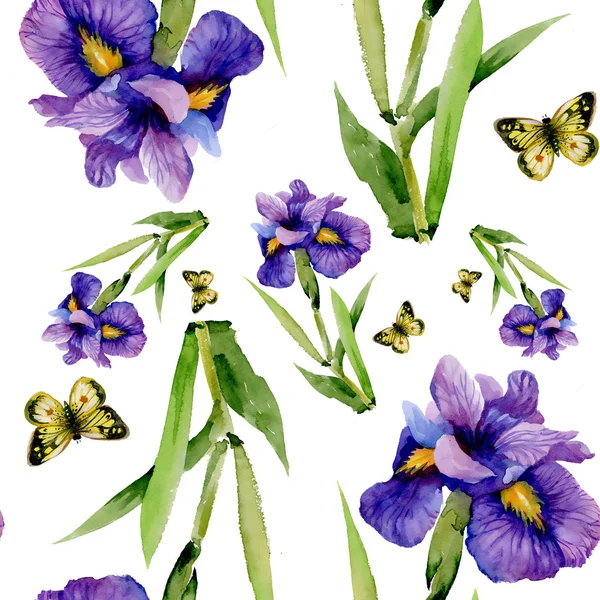 Μπλε ίριδες λουλούδια με πεταλούδες — Φωτογραφία Αρχείου