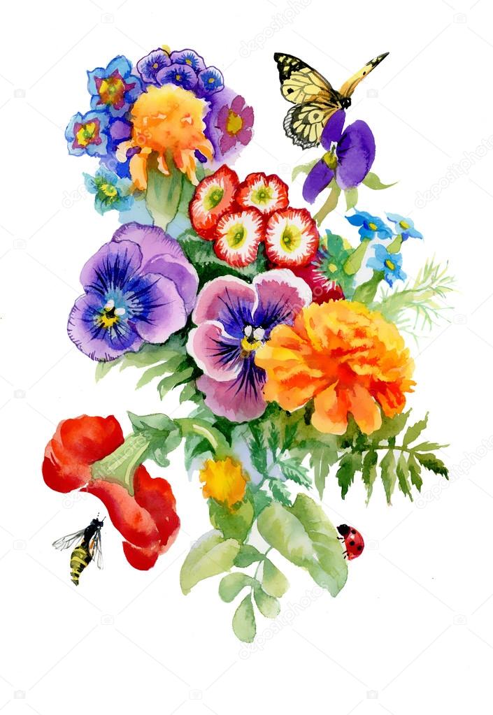 Watercolor floral illustration with butterfly
