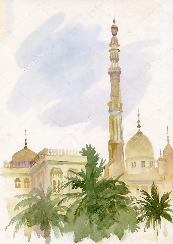 Watercolor islamic mosque