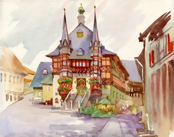 Watercolor houses and tower