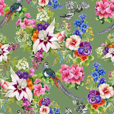 Wild pheasant kuşlar ve çiçekler