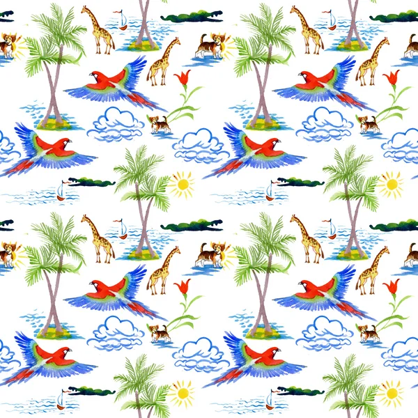 Tropical parrots and giraffes pattern — Stock Photo, Image