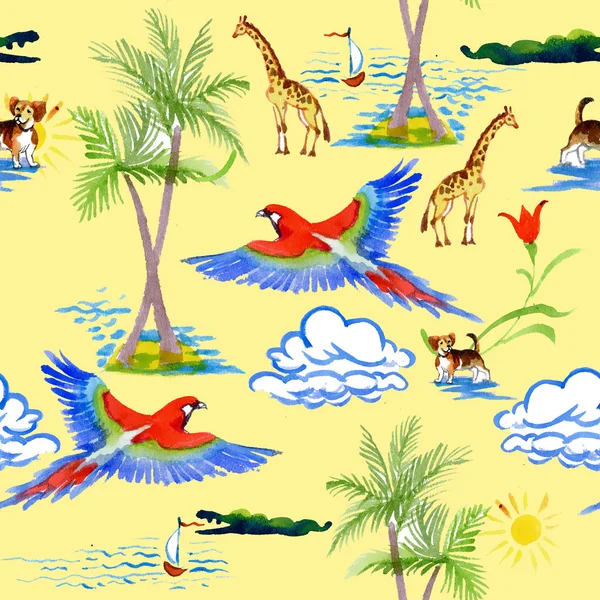 열 대 앵무새와 기린 패턴 — 스톡 사진