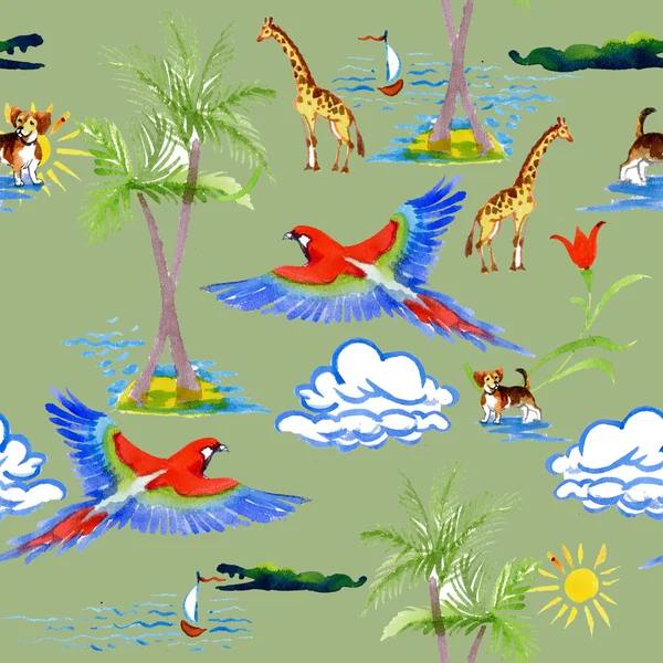 Tropical parrots and giraffes pattern — Stock Photo, Image