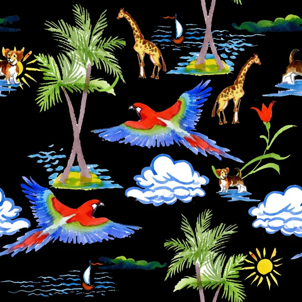 열 대 앵무새와 기린 패턴 — 스톡 사진