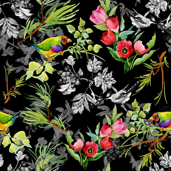 Vögel mit Gartenblumen — Stockfoto